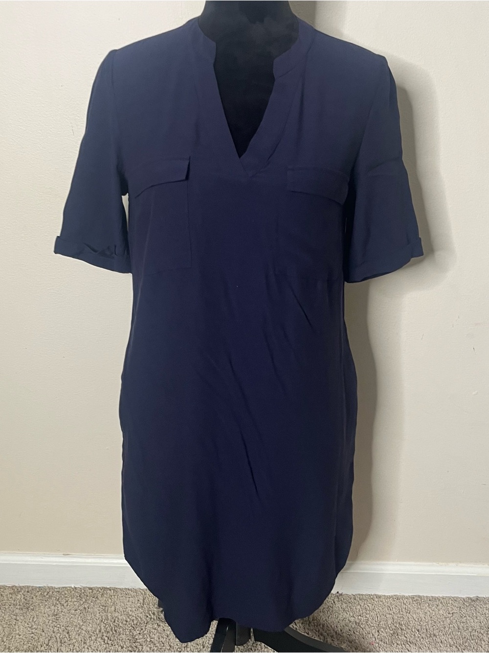 Boden‎ Women’s Navy V~Neck Double Flap Pocket Short Sleeve Shirt Dress Sz 8R